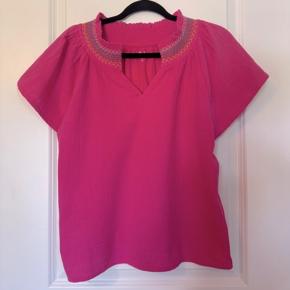 NWT LOFT Pink Smocked Neck Women's Gauze 100% Cotton Medium Top